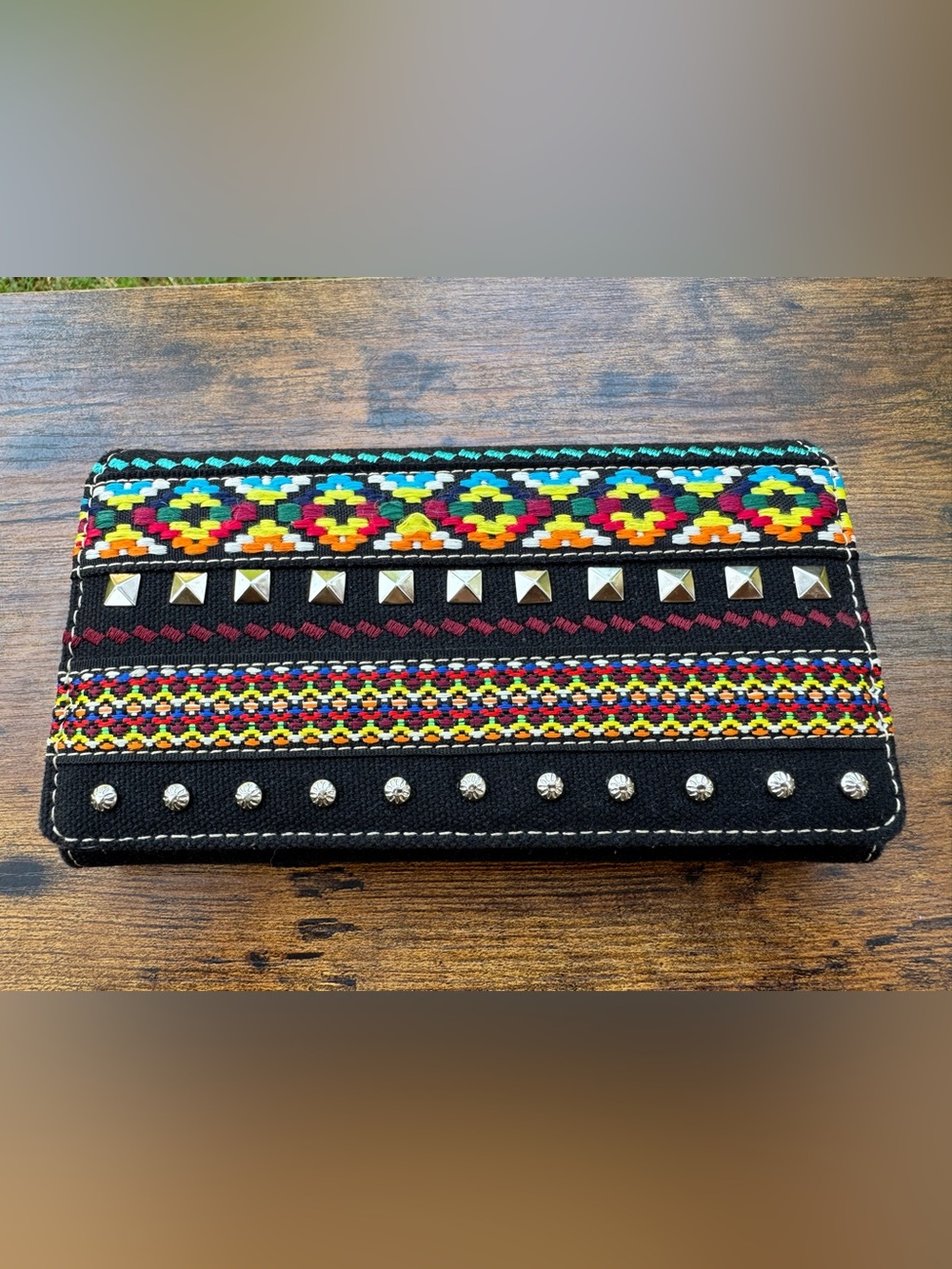 Montana West Aztec Embroidered Canvas Wallet Black Studded Western Organizer